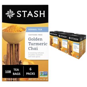 imageStash Tea Turmeric Chai Herbal Tea  Naturally Caffeine Free NonGMO Project Verified Premium Tea with No Artificial Ingredients 18 Count Pack of 6  108 Bags TotalGolden Turmeric Chai